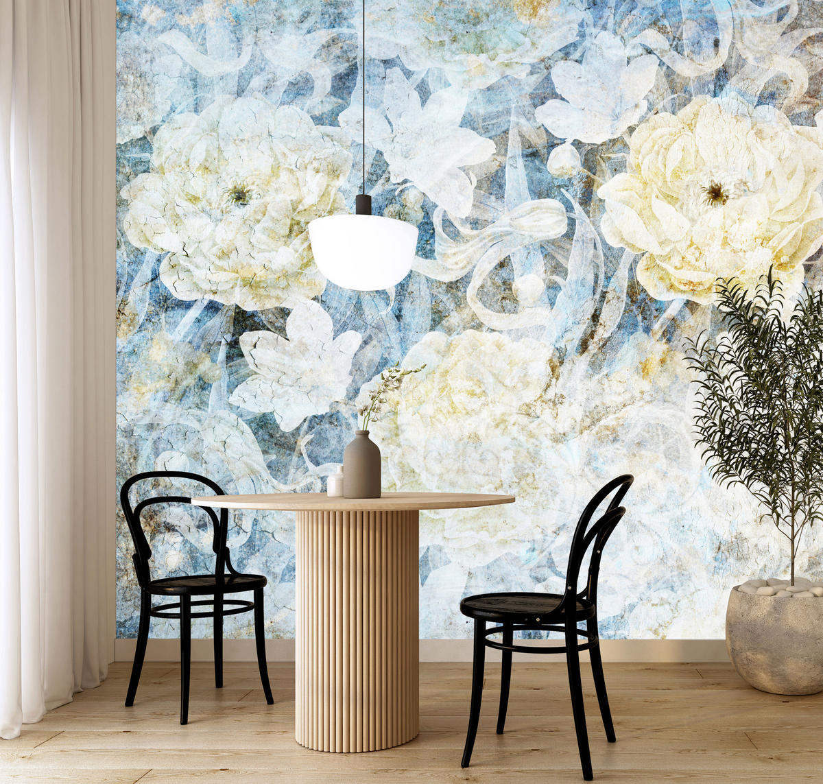 FOTOTAPETE Blumen Abstraktion Vintage Stil 450x315 - Blau/Gelb, Papier (450/315cm) - Muralo