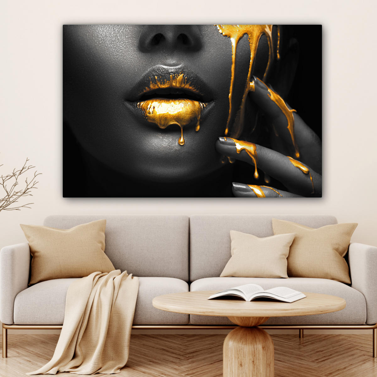 LEINWANDBILD Frau - Schwarz - Gold - Gesicht - Lippen XXL 150x100 cm - Goldfarben, Textil (150/100cm) - MuchoWow