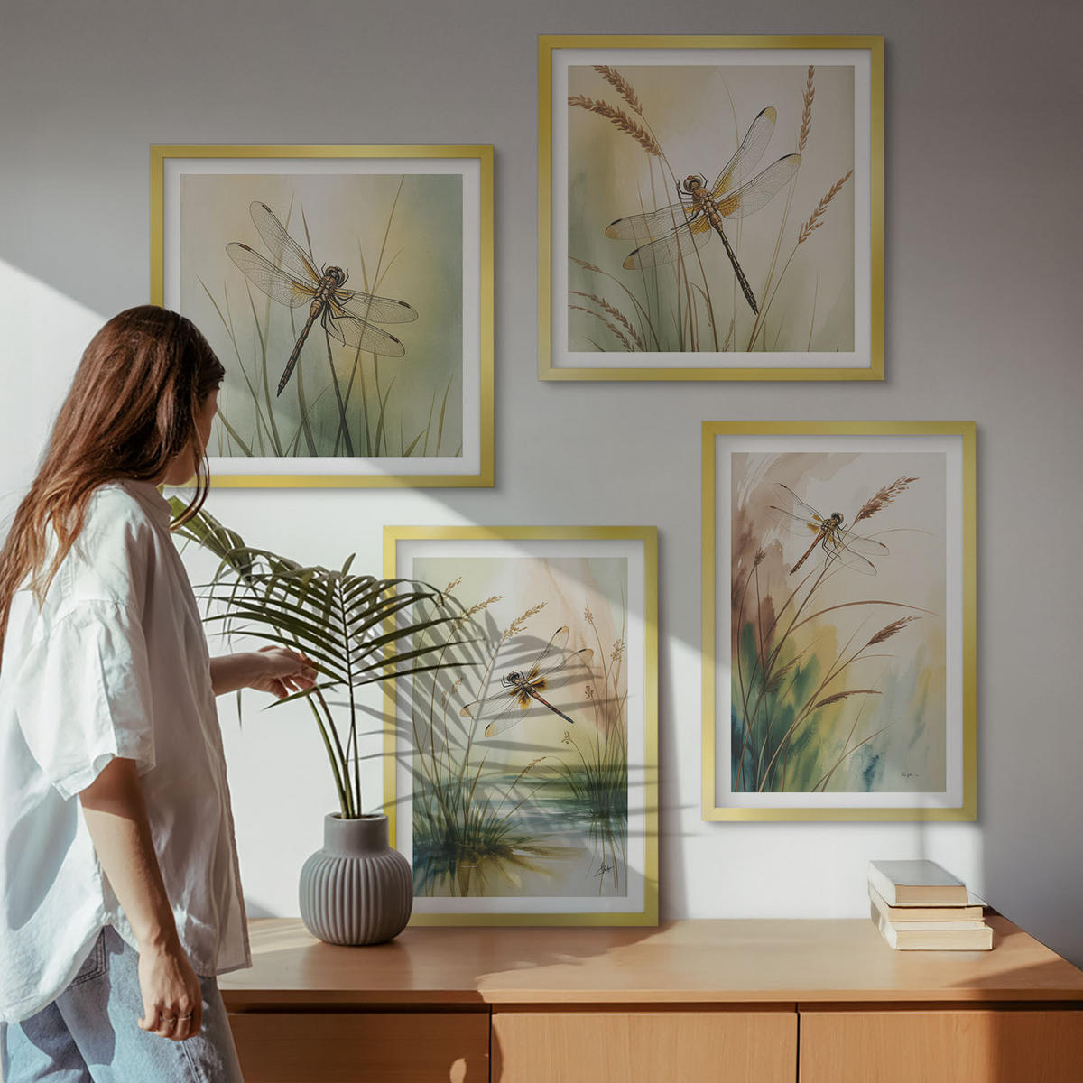 BILDER SET 4er Set - 50x50 cm & 40x60 cm Goldrahmen - Libellen im Gras, Wassermalerei - Goldfarben, Kunststoff (50/50cm) - TULUP
