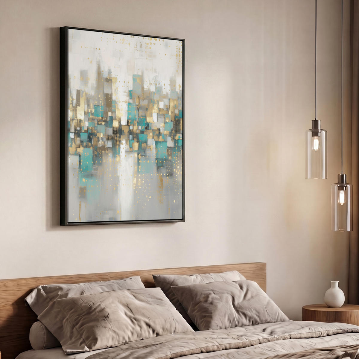 LEINWAND Bilder mit Rahmen - Abstrakt - Blöcke - Gold - Skyline - 70x100 - Beige, Textil (70/100cm) - MuchoWow