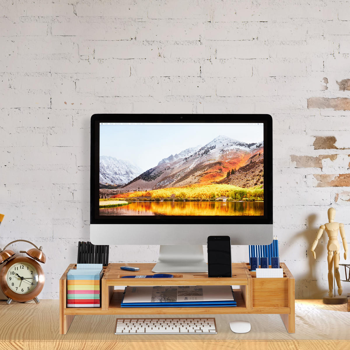 MONITORSTÄNDER Natur Bambus mit Staufächern 65 cm - Hellbraun, Holz (28/65/15cm) - Relaxdays