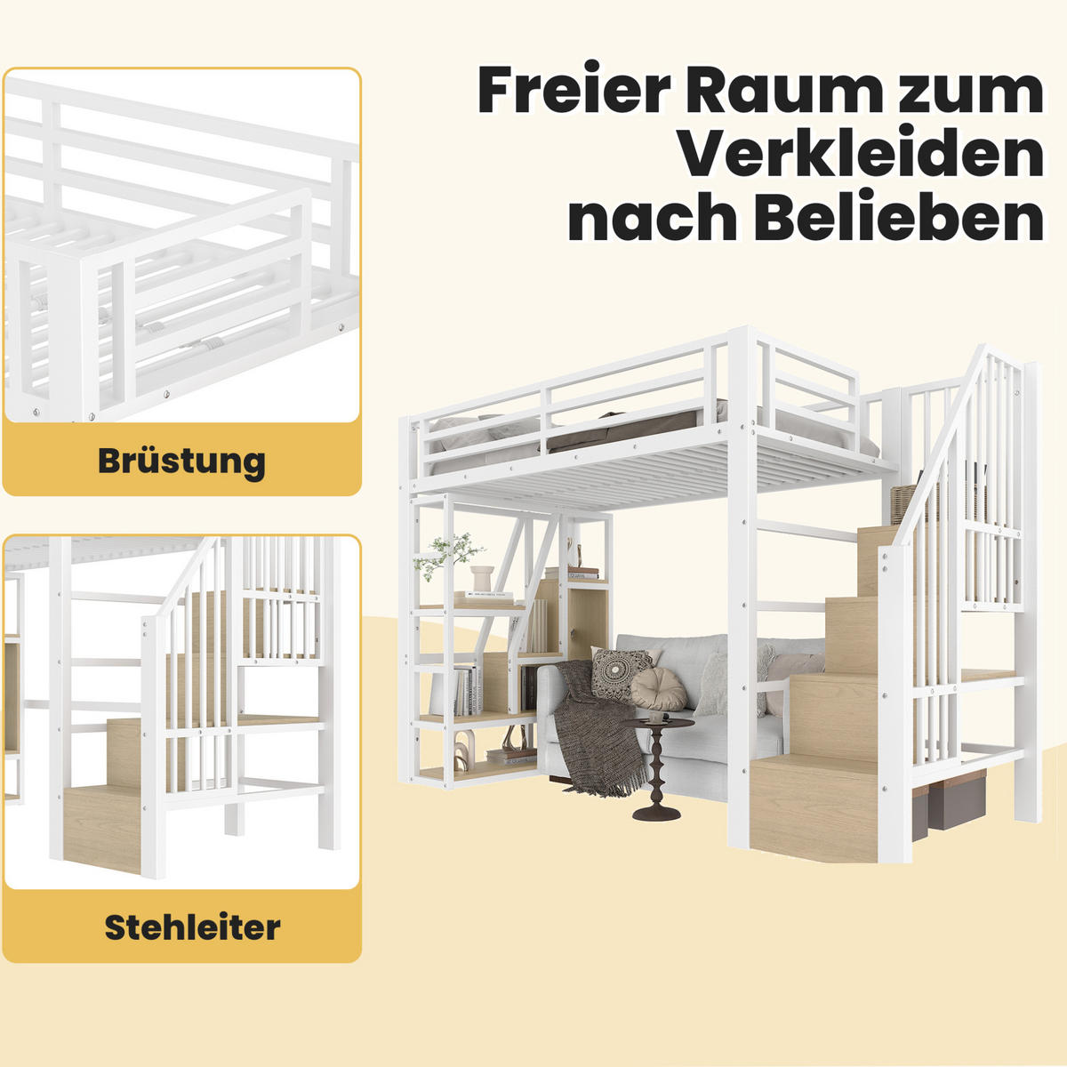 HOCHBETT 90/200 cm in Weiß mit Stauraumtreppe, Rausfallschutz und LED - Weiß, Holzwerkstoff (90/200cm) - BEAOK