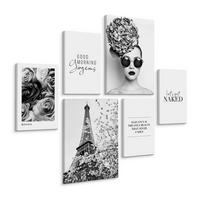 LEINWANDBILDER 6-er Set Zitate Paris - Schwarz/Weiß, Textil (90/80cm) - Muralo