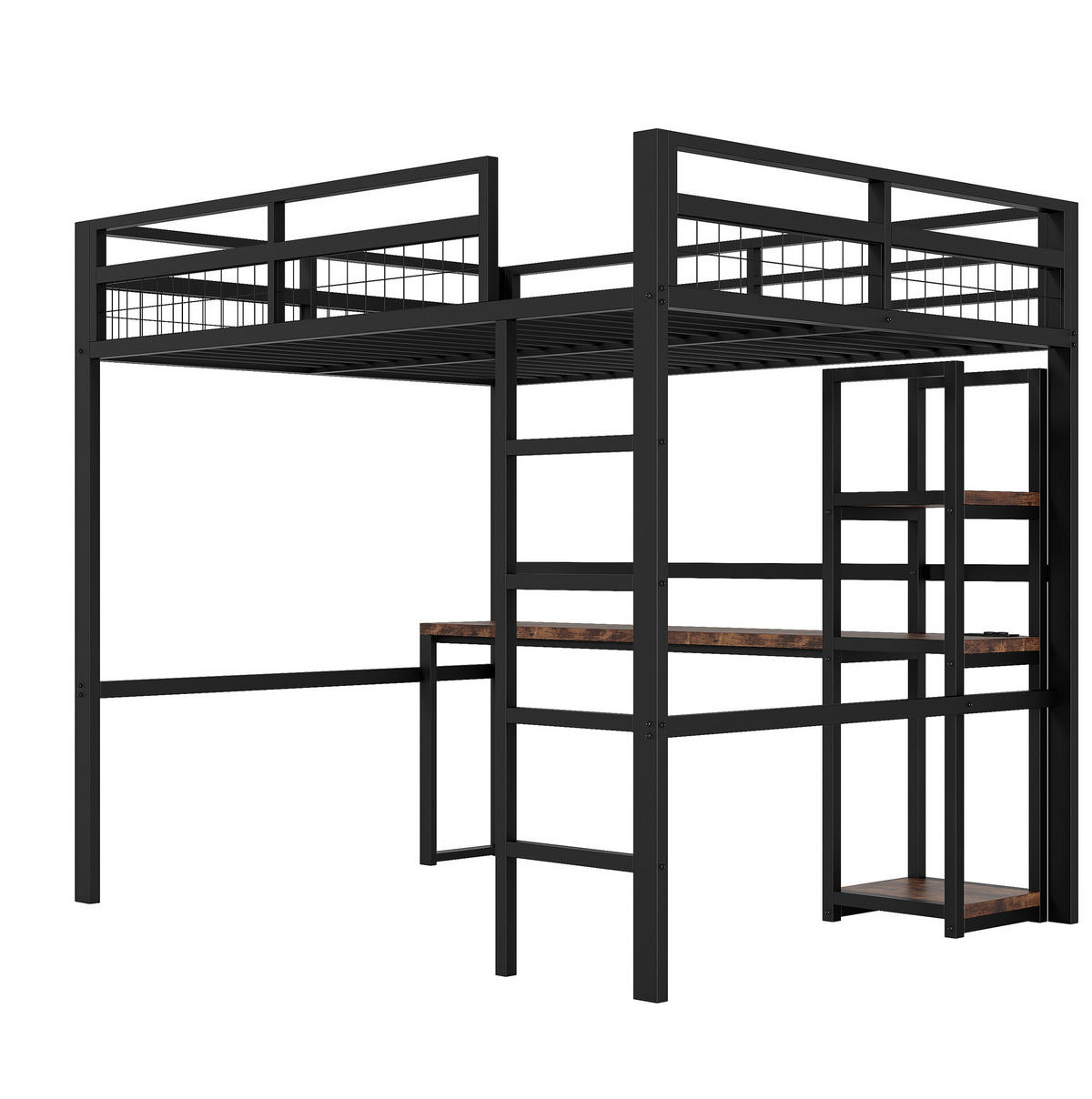 HOCHBETT 140/200 cm mit Schreibtisch, Regalen, Steckdose, USB-C und Leiter, Metallrahmen, Schwarz - Schwarz, Metall (140/200cm) - Redom