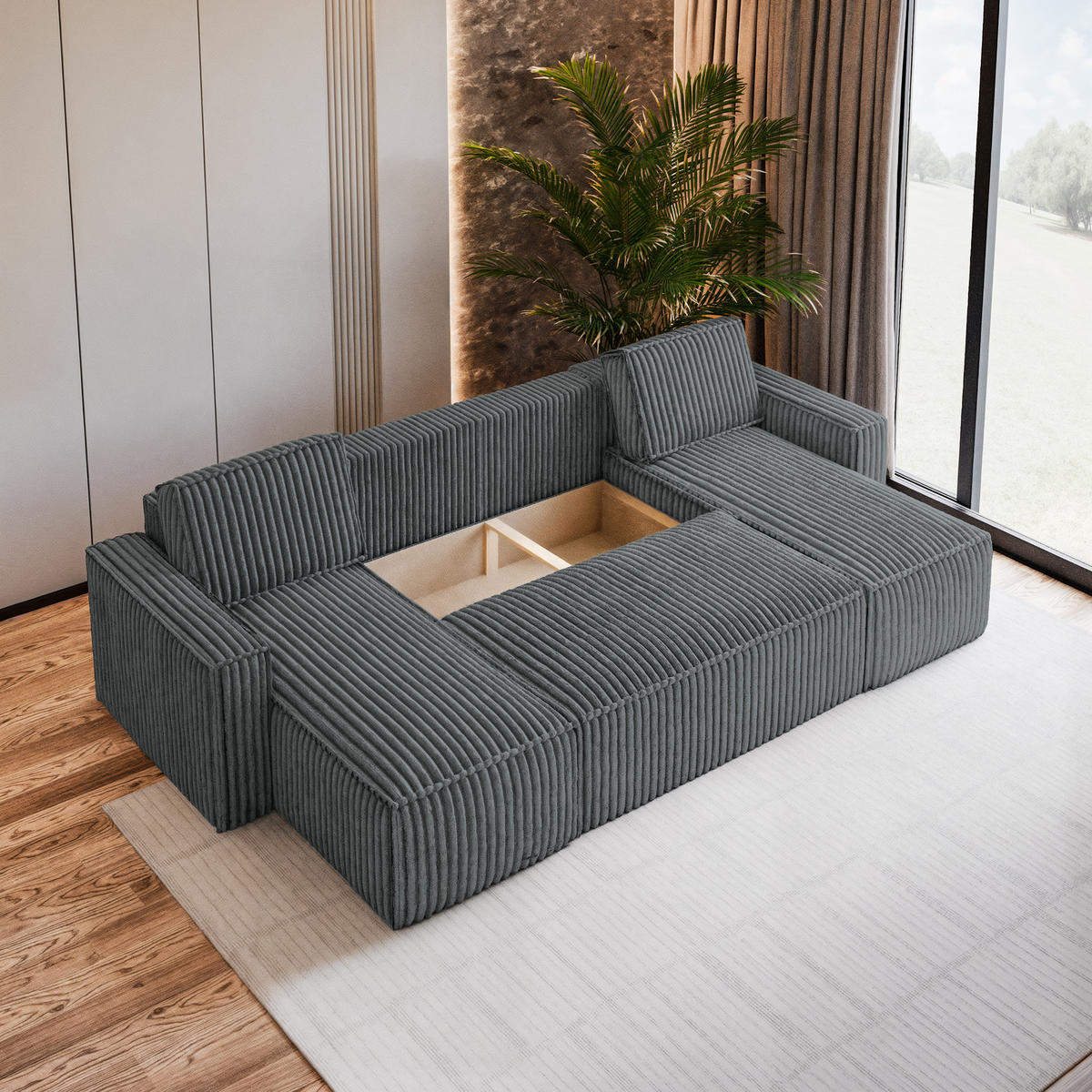 WOHNLANDSCHAFT PESANO T Grau Kordstoff mit Schlaffunktion - Grau, Holz (306/85/140cm) - MASSENO