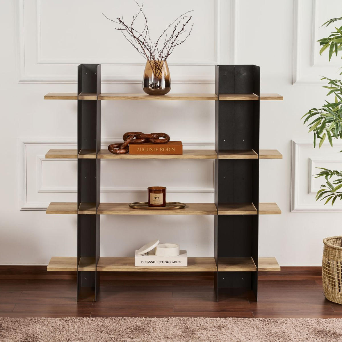 REGAL mit metallstruktur und regalböden in eichenoptik 31/120/120 cm - Schwarz, Metall (124/120/31cm) - Calicosy