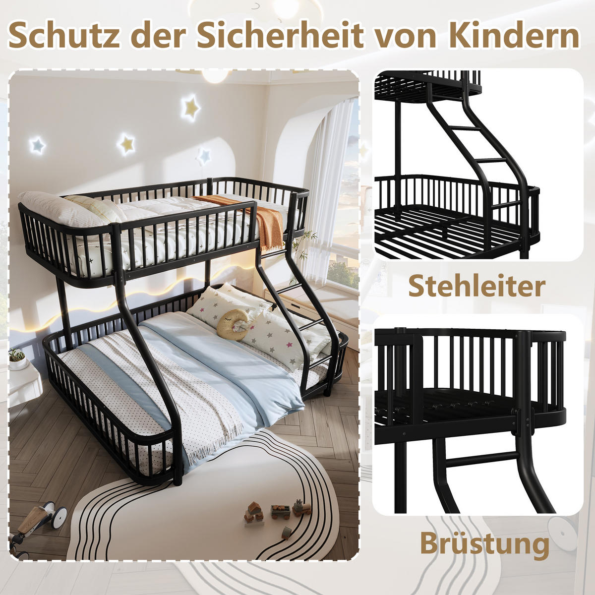 ETAGENBETT Eisen 90/200 cm + 140/200 cm Schwarz - Schwarz, Metall - Raumix