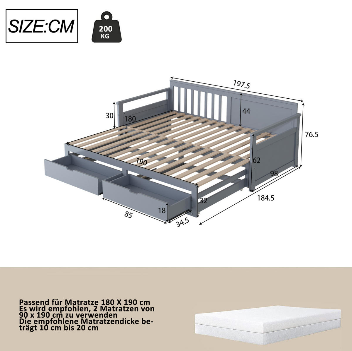 TAGESBETT Zwei-in-Eins 90/180/190 cm grau mit Schubladen aus Kiefer - Grau, Holz (180/190cm) - OKWISH