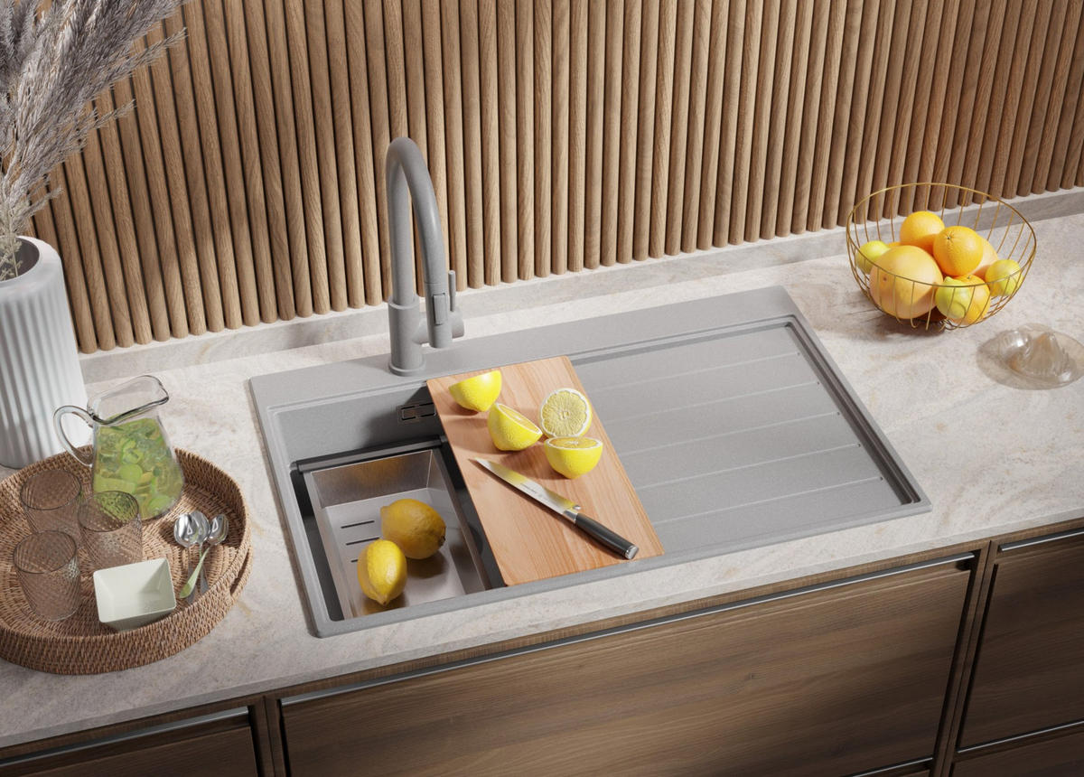 SPÜLBECKEN Sydney, 2-er set Grau 78/50 cm 1 Becken + Ablauf-Set + Küchenzubehörset ab 45er Unterschrank - Chromfarben/Beige, Kunststoff (78/20/50cm) - Primagran