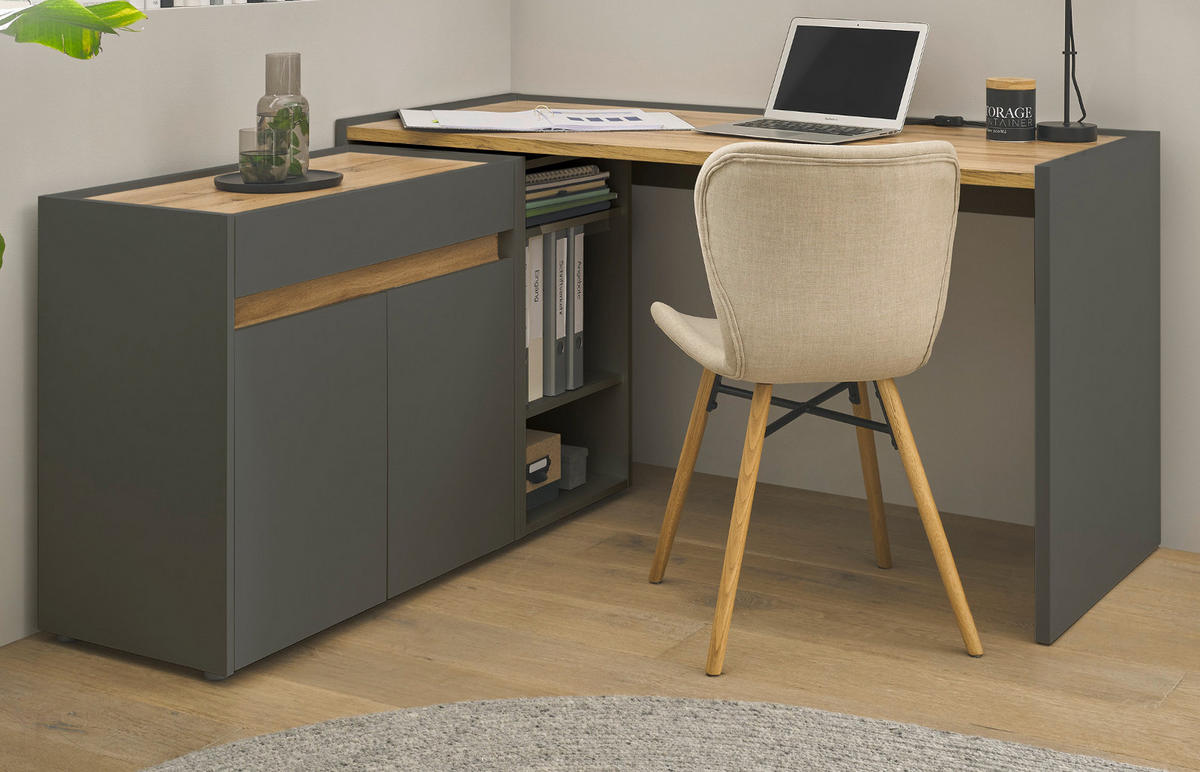 SCHREIBTISCHKOMBINATION 2-teilig grau matt, Eiche Wotan 143 cm, Büromöbel Set mit Bürocontainer - Eiche Wotan/Schwarz, Holzwerkstoff/Kunststoff (62/143/76cm) - Furn.Design