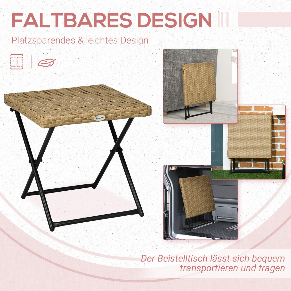 GARTENKLAPPTISCH, Naturholz, Stahl, PE-Rattan - Naturfarben, Kunststoff (40/40/40cm) - Outsunny