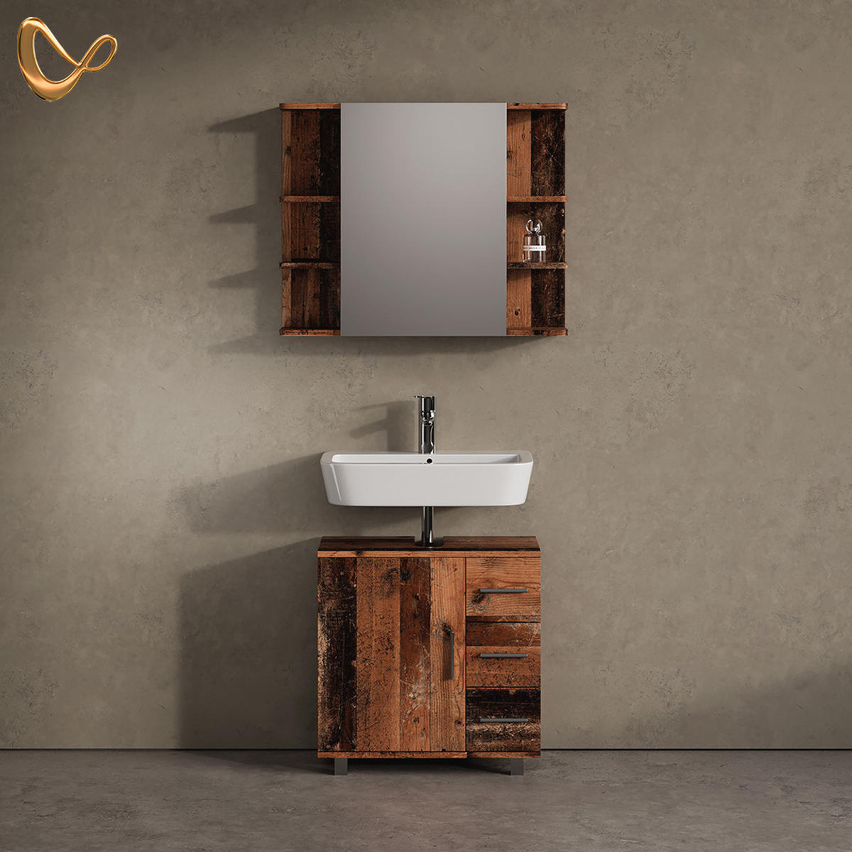 BADMÖBEL-SET Eisak Eiche rustikal 2 Teile - Wildeiche, Holzwerkstoff (60/60/33cm) - Livinity®