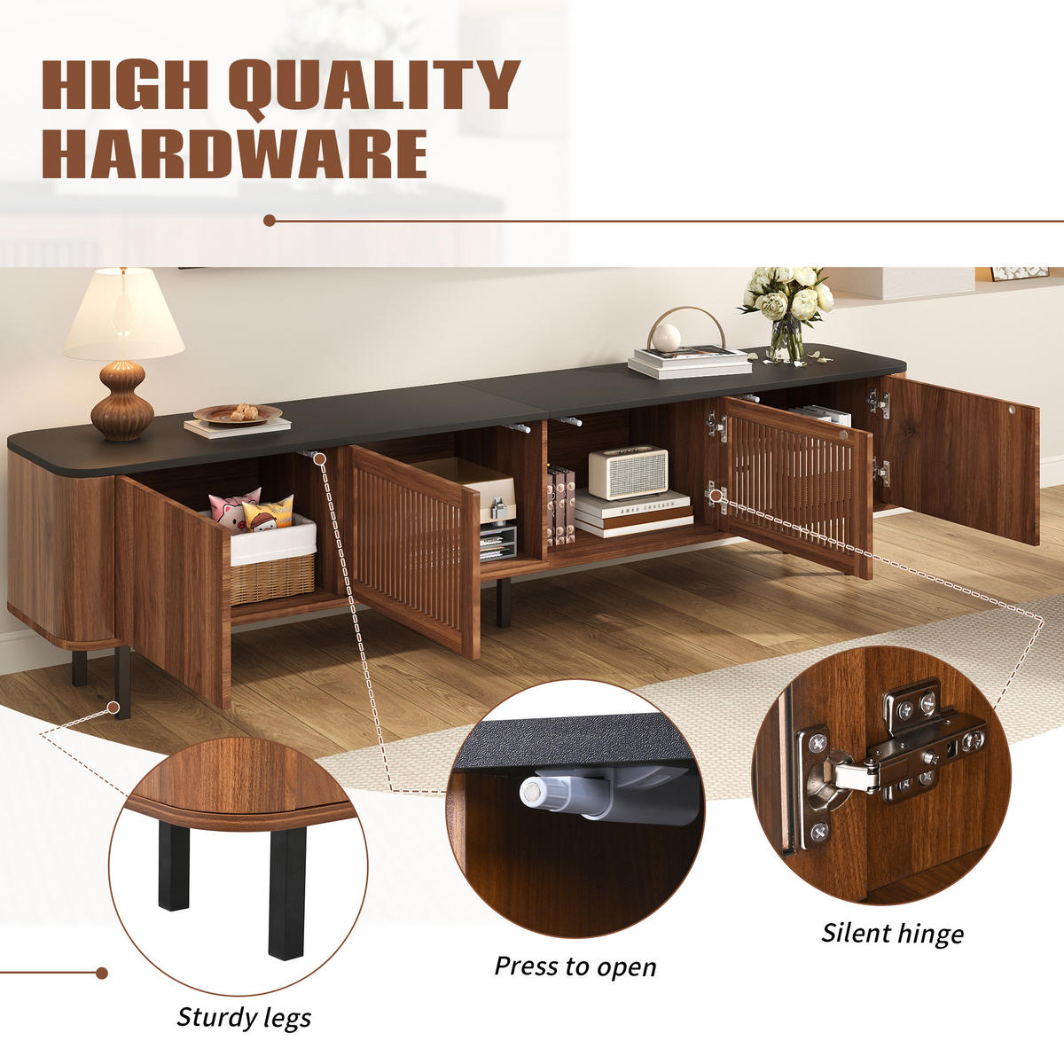 TV-SCHRANK Nussbaumfarben/Schwarz 190/35/45 cm, Gittertüren, Metallbeine - Walnussfarben, Holzwerkstoff (190/45/35cm) - PANGIVO