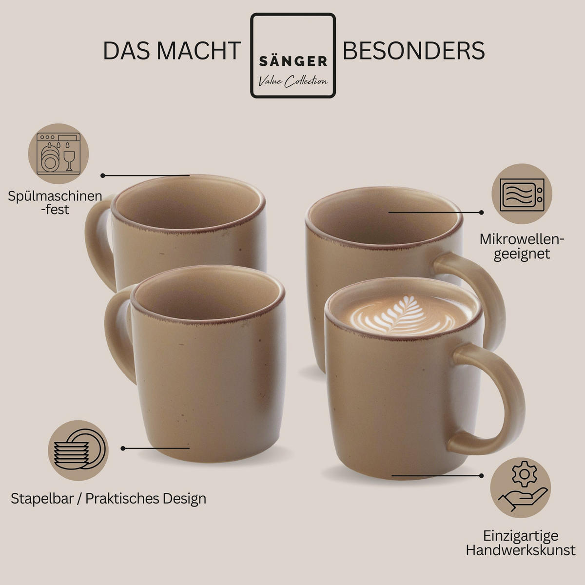 KAFFEEBECHER BOMBAY OAK - 4 teilig aus Steingut - Braun, Stein (0.8L) - Sänger
