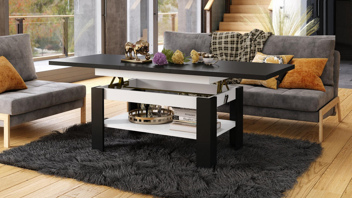 COUCHTISCH rechteckig Schwarz - Weiß ausziehbar höhenverstellbar - Schwarz/Weiß, Holzwerkstoff (65/130/58cm) - designimpex
