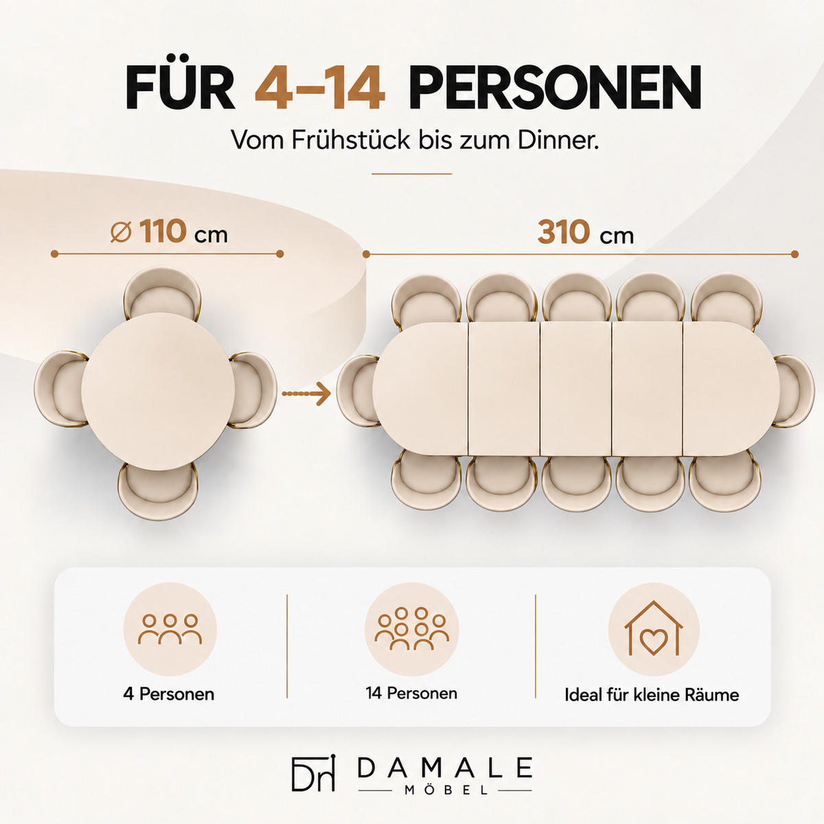 ESSTISCH rund ausziehbar 110/310/76 cm, Kaschmir, 54 cm Tischplatte + Lamellen-Metallgestell Weiß - Kaschmir/Weiß, Holzwerkstoff/Metall (110/310/76cm) - Damale Möbel