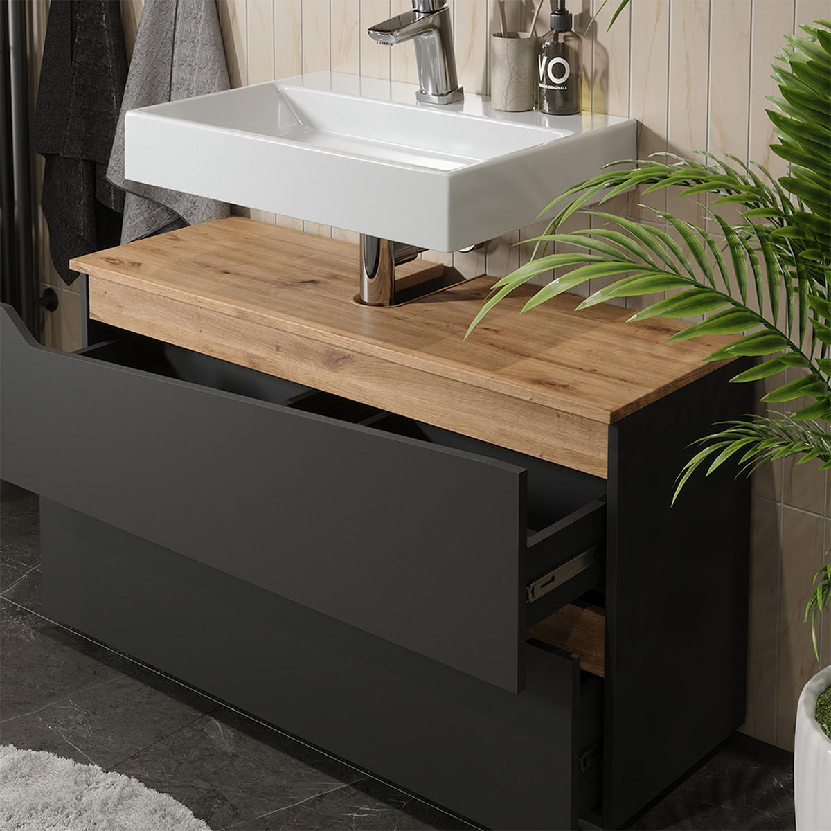 WASCHBECKENUNTERSCHRANK Marelle, Anthrazit/Artisan-Eiche, 100 x 57.5 cm mit 2 Schubladen - Anthrazit/Eiche Artisan, Holzwerkstoff (100/57.5/35cm) - Vicco