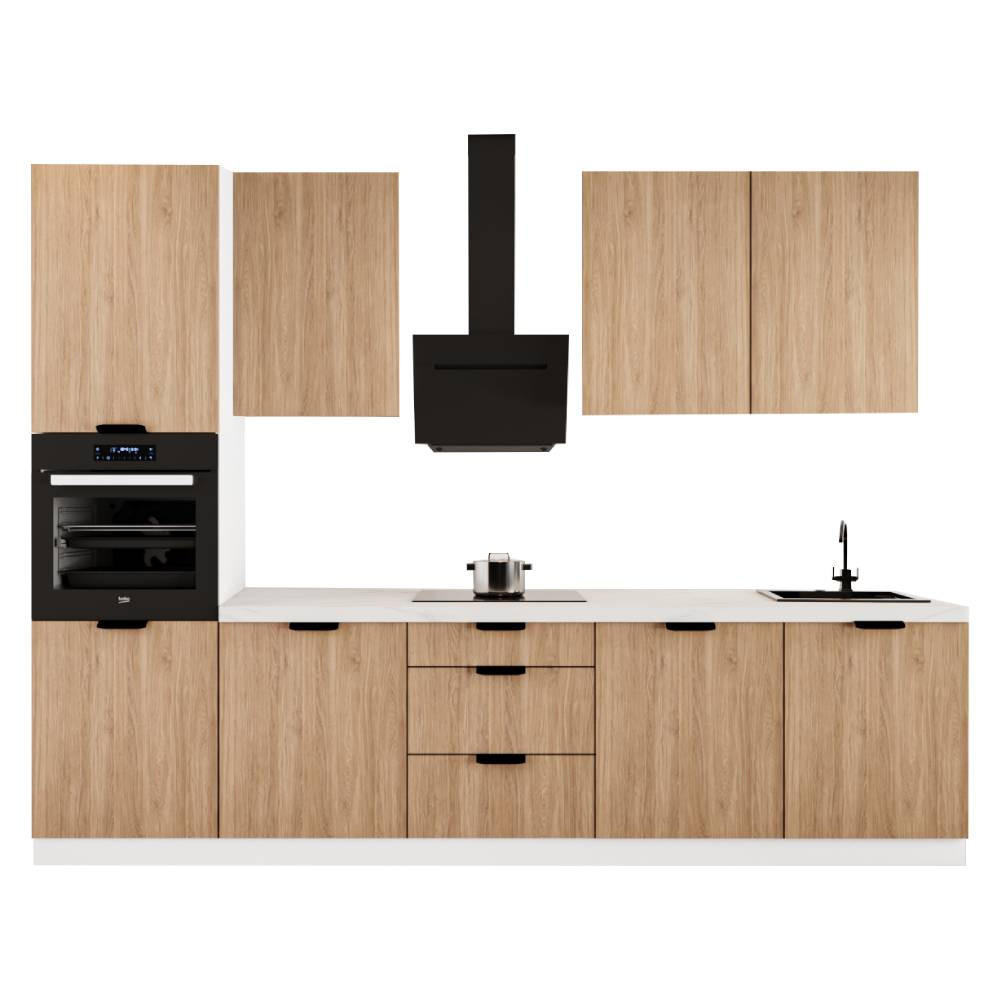KÜCHENZEILE 300 cm - Sorento KS1-M300 - in Weiß/Sonoma Eiche - Beige/Schwarz, Holz (300/247/58cm)