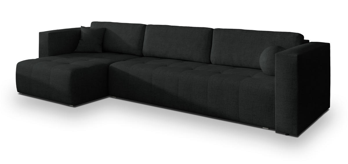 ECKSOFA OLVERA Schwarz Geflochtener Stoff mit Schlaffunktion - Schwarz, Holz (347/148cm) - MASSENO