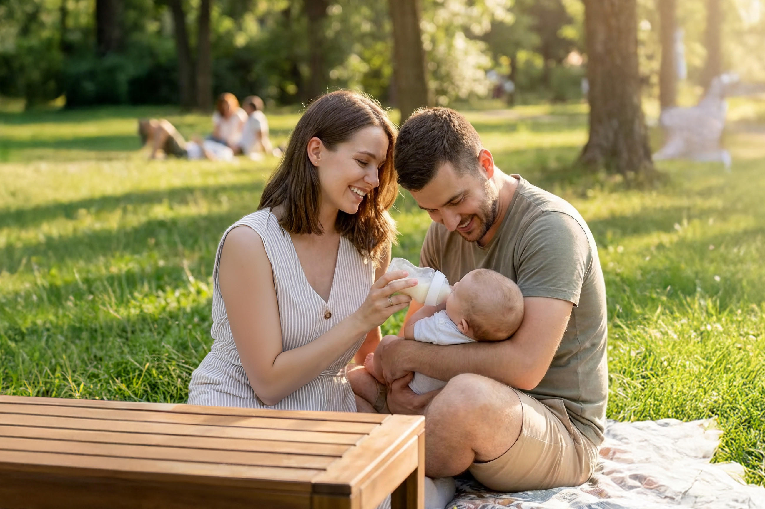 Eltern sitzen auf einer Decke im Park und füttern ein Baby mit einer Flasche.