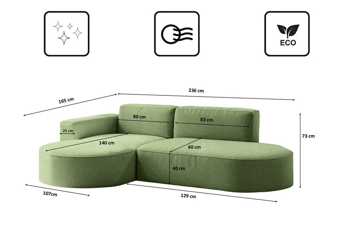 ECKSOFA Modena Studio Falten, Stoff Alpine, Grün Links - Grün, Holz (165/236cm) - Kaiser Möbel