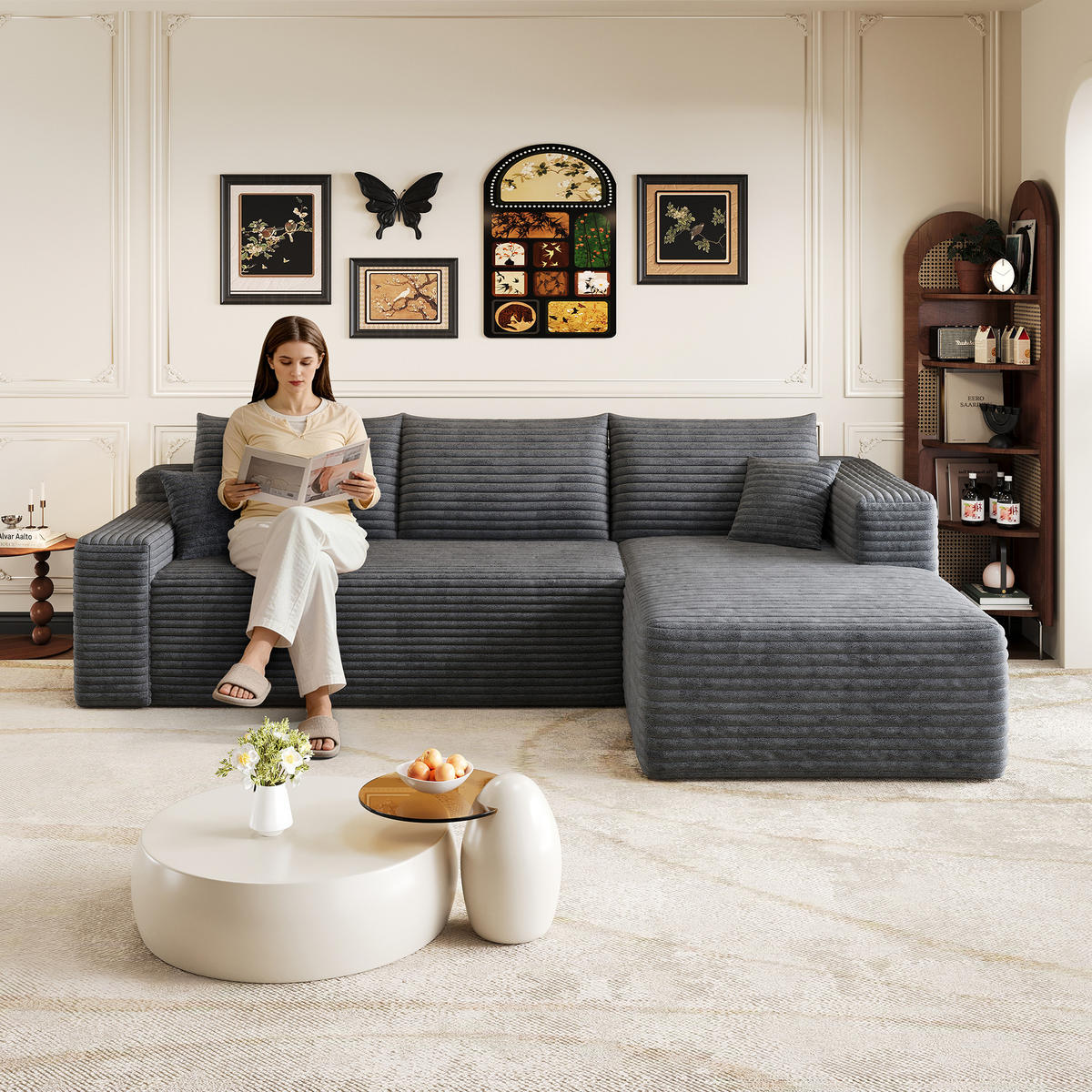 ECKSOFA 241/151/58 cm dunkelgrau aus Stoff mit Chaiselongue und ohne Montage - Dunkelgrau, Textil (151/241cm) - OKWISH