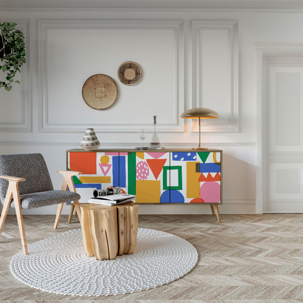 SIDEBOARD GEOMETRIC GLIMMER, Eicheneffekt, 164,5x42x77,5 cm, 3 Türen - Eichefarben/Buchefarben, Holzwerkstoff/Buchenholz (164.5/77.5/42cm) - SpaceRebels