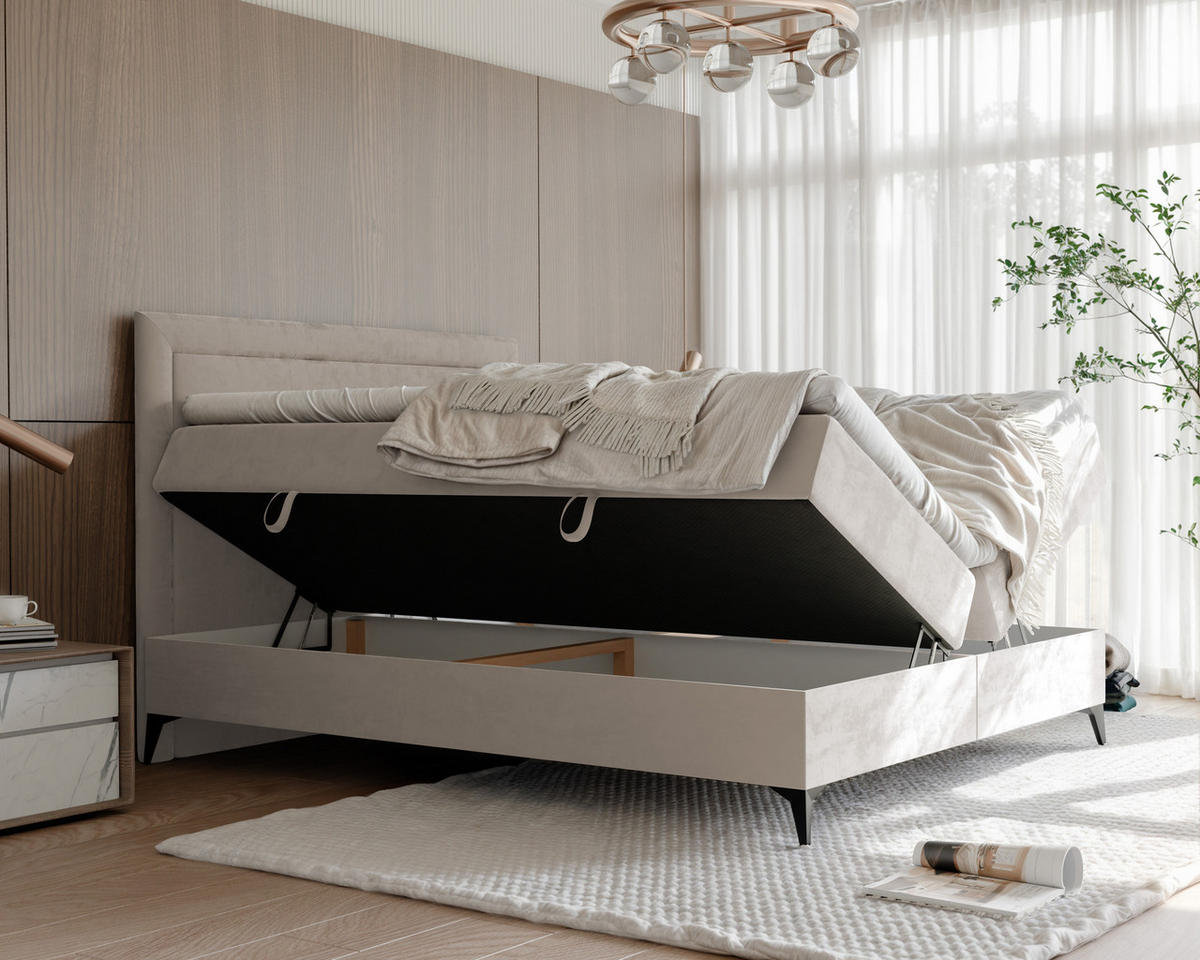 BOXBETT NERO 200/200 cm mit Matratze und Topper, Creme - Creme/Schwarz, Holzwerkstoff/Textil (200/200cm) - Idohome