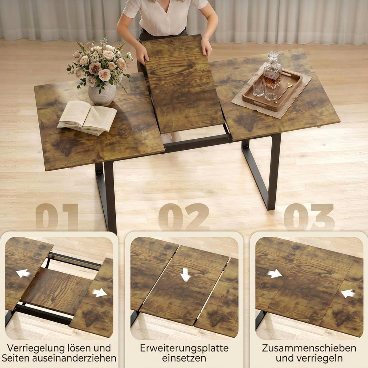 AUSZIEHBARER Esstisch MDF Rustikal-Braun - Schwarz/Braun, Holzwerkstoff (180/80/75cm) - HOMCOM