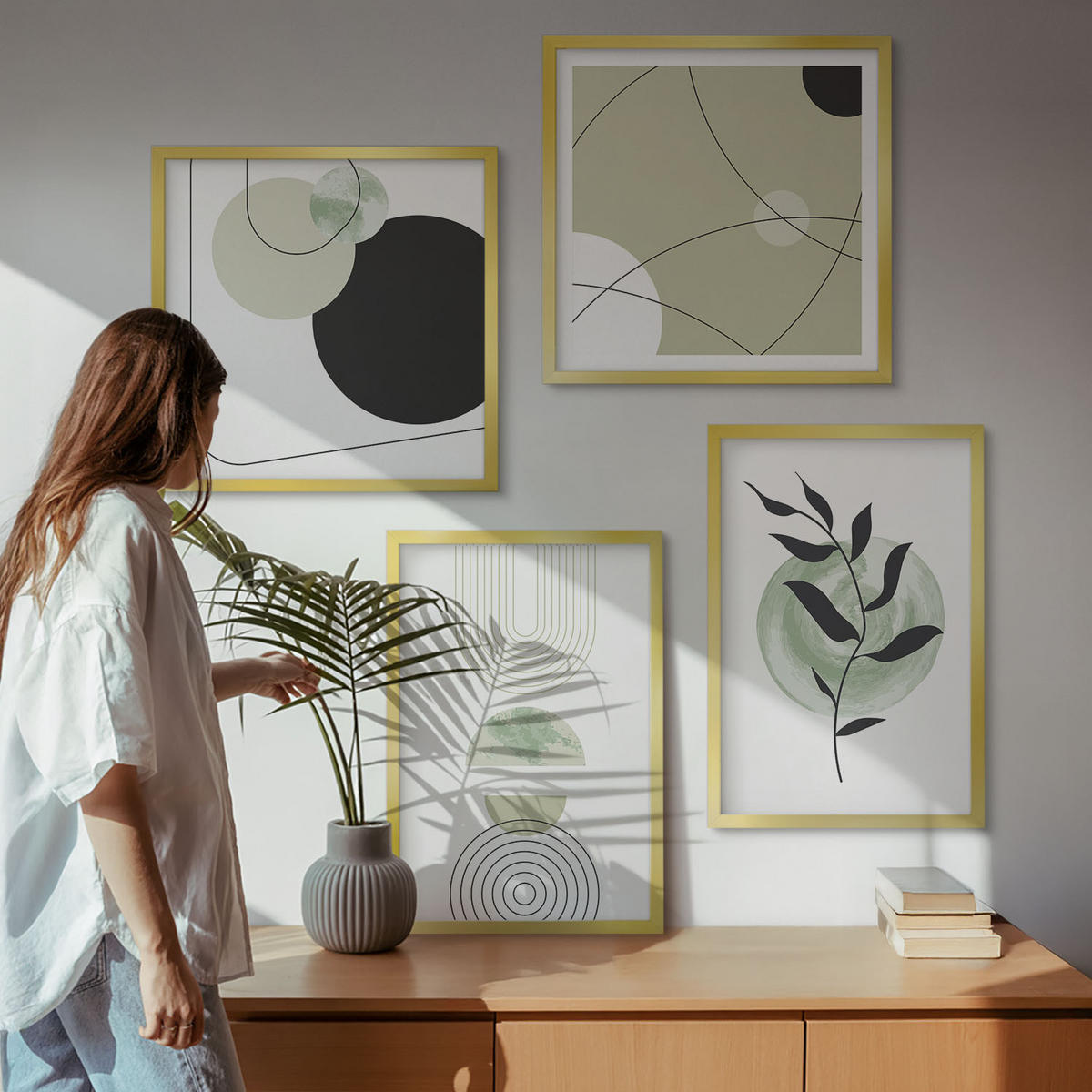 BILDER SET 4er Set - 50x50 cm & 40x60 cm Goldrahmen - Abstrakte Pflanzenmotive - Goldfarben, Kunststoff (50/50cm) - TULUP