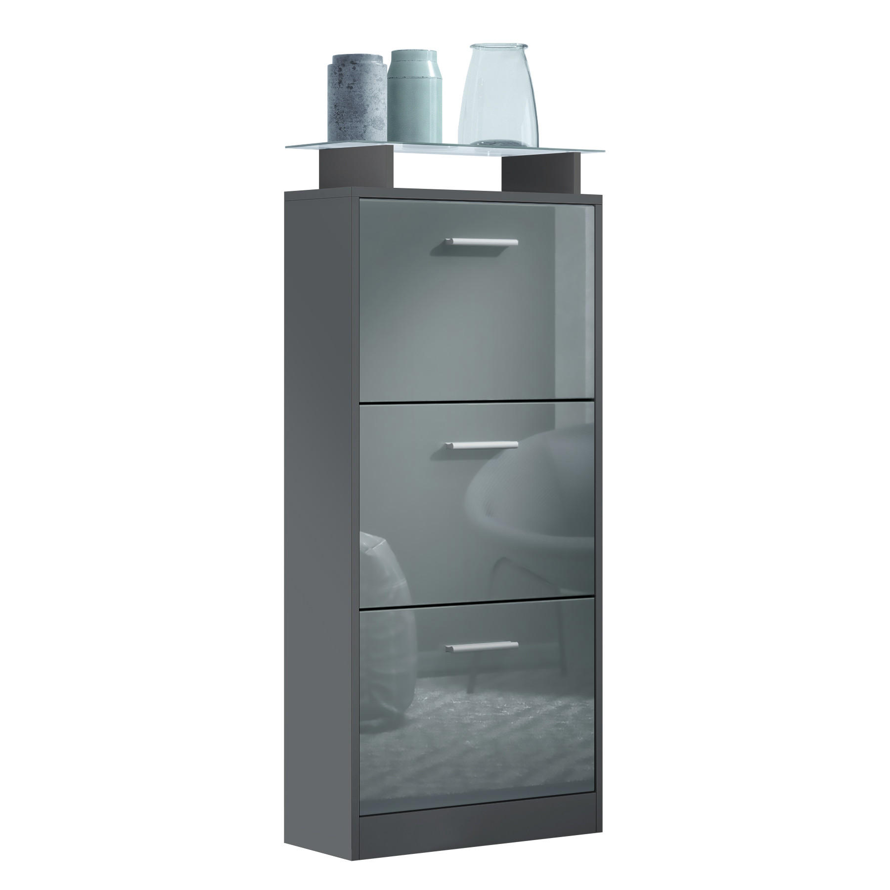 SCHUHSCHRANK Lavia Front in Grau Hochglanz - Grau, Holzwerkstoff (46/128/23cm) - Vladon