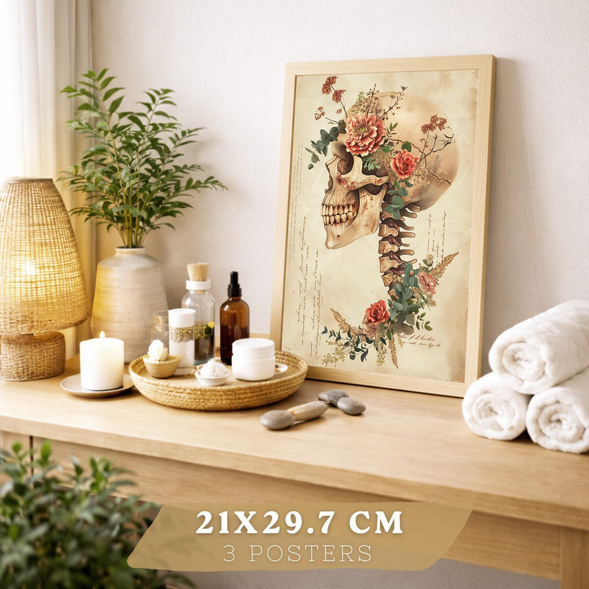POSTER Set aus 3 Anatomie Mensch Drucke und Wandbilder mit Herz Gehirn und Schädel Vintage Floraler Stil Wanddekoration Größe Rahmenlos A4 - Klar, Papier (21/29.7/3cm) - Nacnic