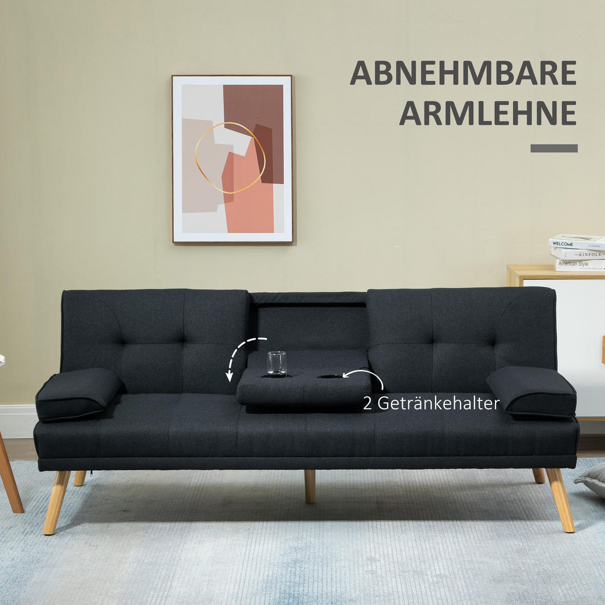 SCHLAFSOFA, 3-Sitzer-Schlafcouch mit Klappbarem Tisch, Becherhalter, Grau - Naturfarben/Grau, Holz/Textil (77/78/181cm) - HOMCOM