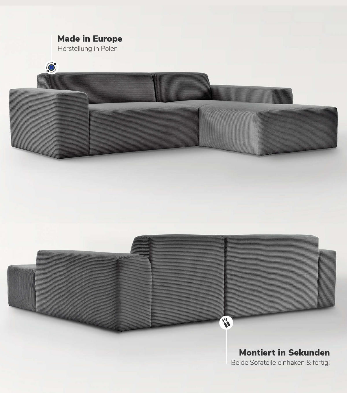 ECKSOFA Die Lässige Recamiere rechts - Anthrazit, Textil (253/188cm) - Mokebo