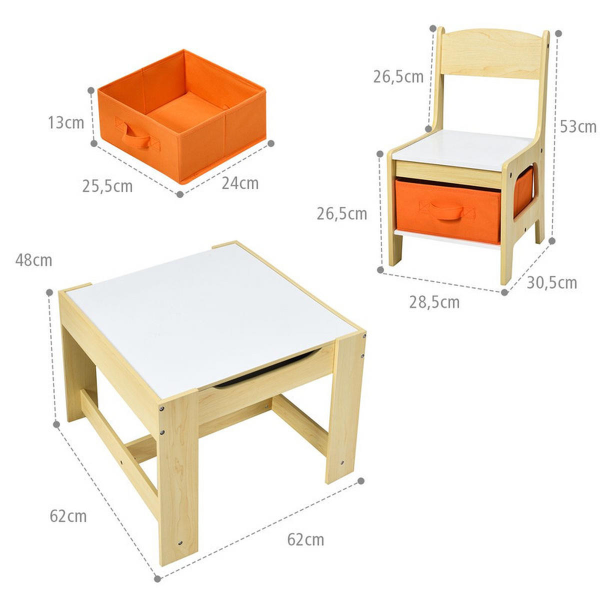 KINDERSITZ‑SET mit Stuhl natur(3-tlg) - Naturfarben, Holzwerkstoff (62/48/62cm) - COSTWAY