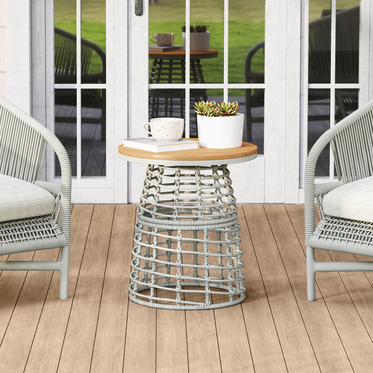 GARTENBEISTELLTISCH DE-13611 rund mit Composite-Platte, PE-Rattanoptik Grau - Grau, Kunststoff/Metall (45/45/50cm) - ComfortXL