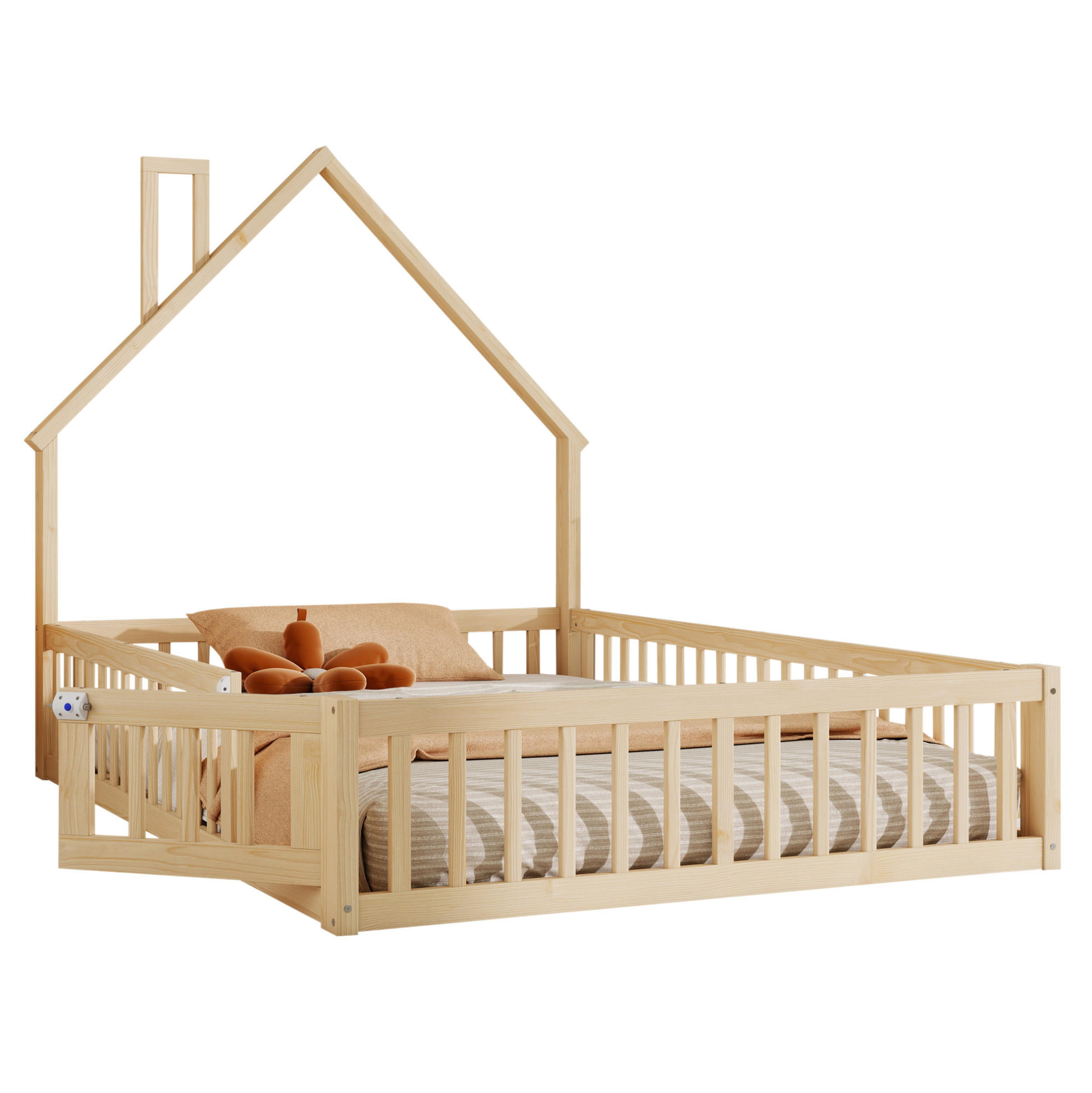 POSTELJA v obliki hiše 140/190 cm naravna iz bora in MDF z varovalno ograjo in letvenim dnom - naravne barve, leseni material (140/190cm) - OKWISH