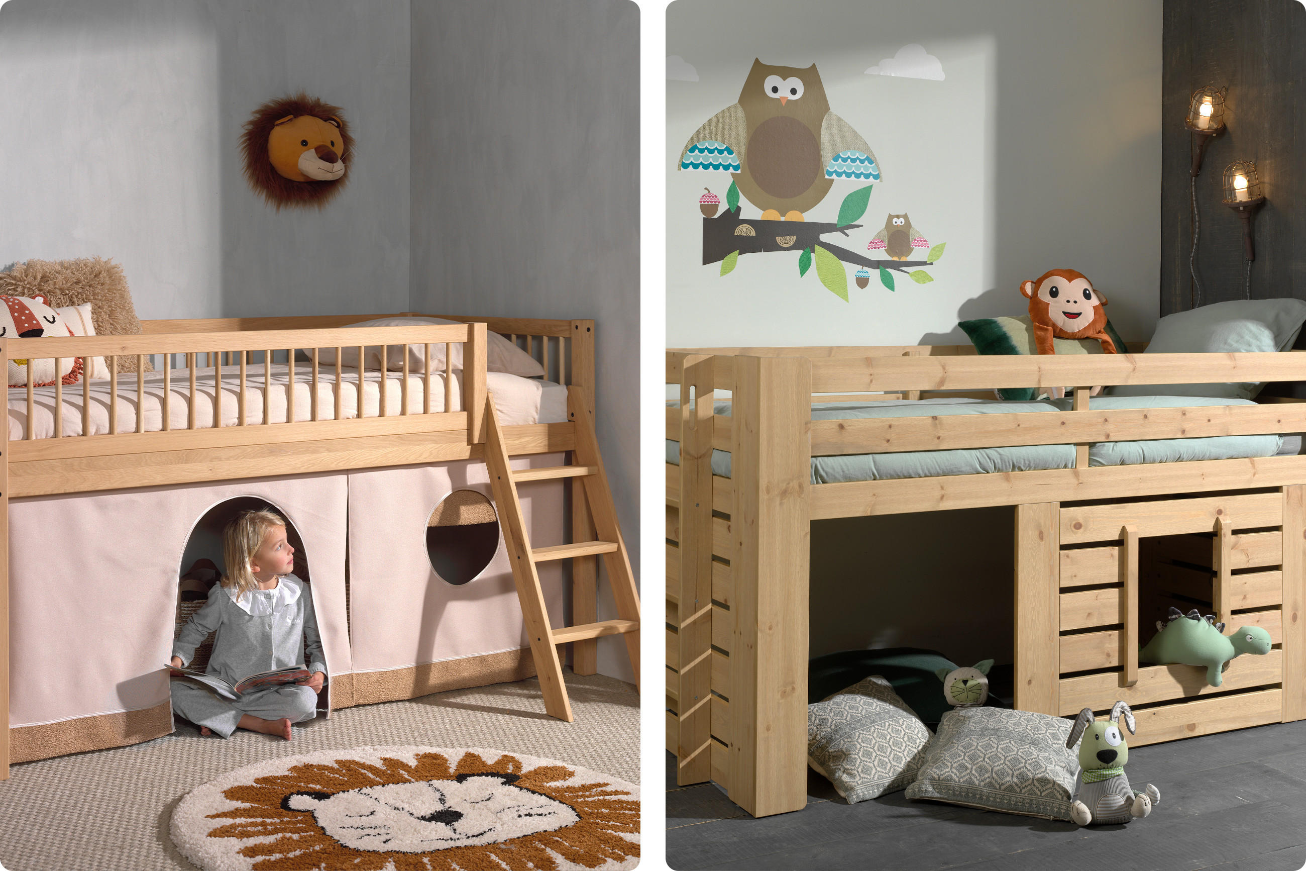 Zwei Kinderhochbetten aus hellem Holz mit Leiter, links mit Vorhang und Löwenkopf-Wanddekoration, rechts mit Kissen in Tierform und Eulen-Wandtattoo.