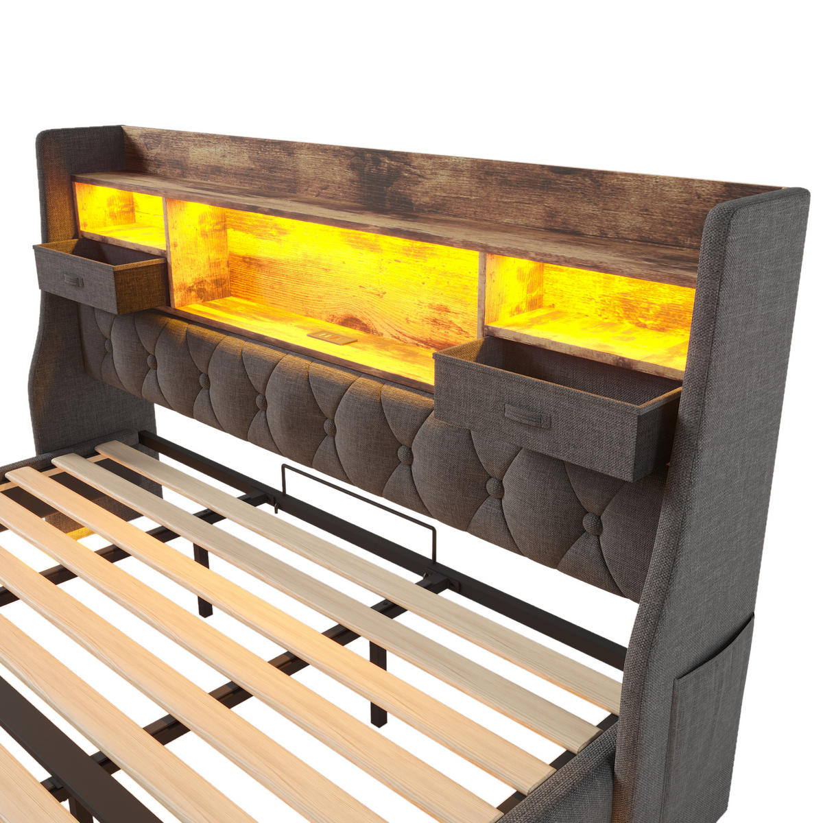 POLSTERBETT 180/200 cm mit LED-Beleuchtung, USB und Type-C, Stauraum-Kopfteil aus Leinen, Grau - Grau, Textil (180/200cm) - Redom