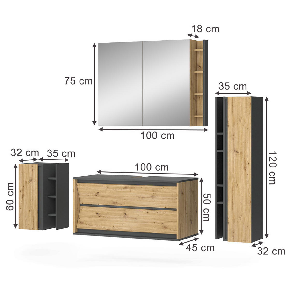 BADMÖBEL-SET Edelin Anthrazit/Artisan 4 Teile - Anthrazit/Eiche Artisan, Holzwerkstoff (100/50/45cm) - Vicco