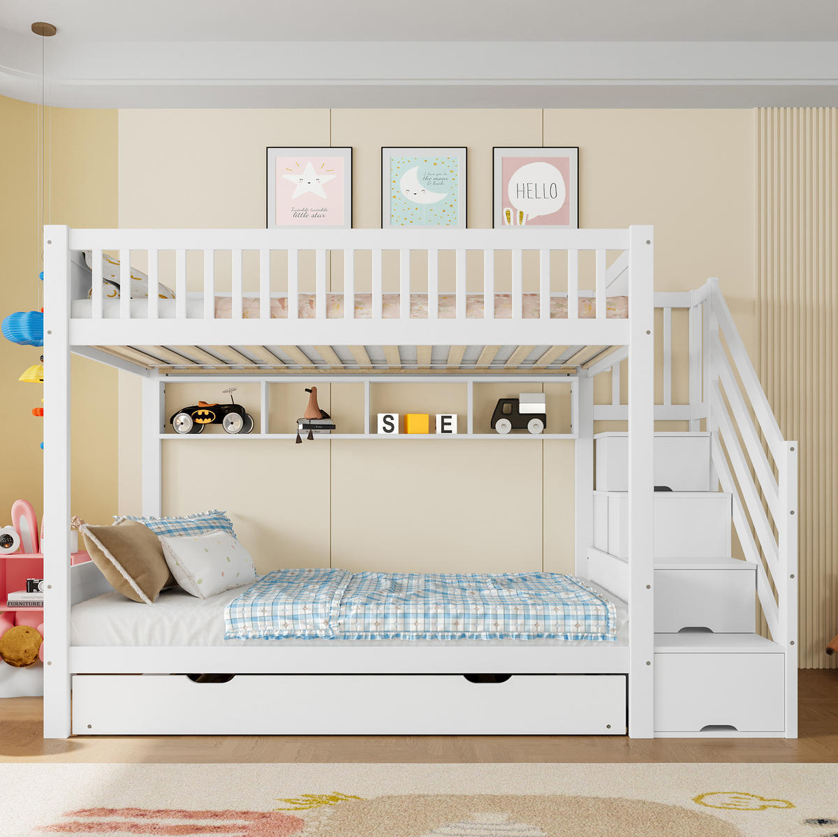 POSCHODOVÁ posteľ 254/95/165 cm biela s výsuvným lôžkom a úložnými schodmi z borovice a MDF - biela, drevo (90/200cm) - OKWISH