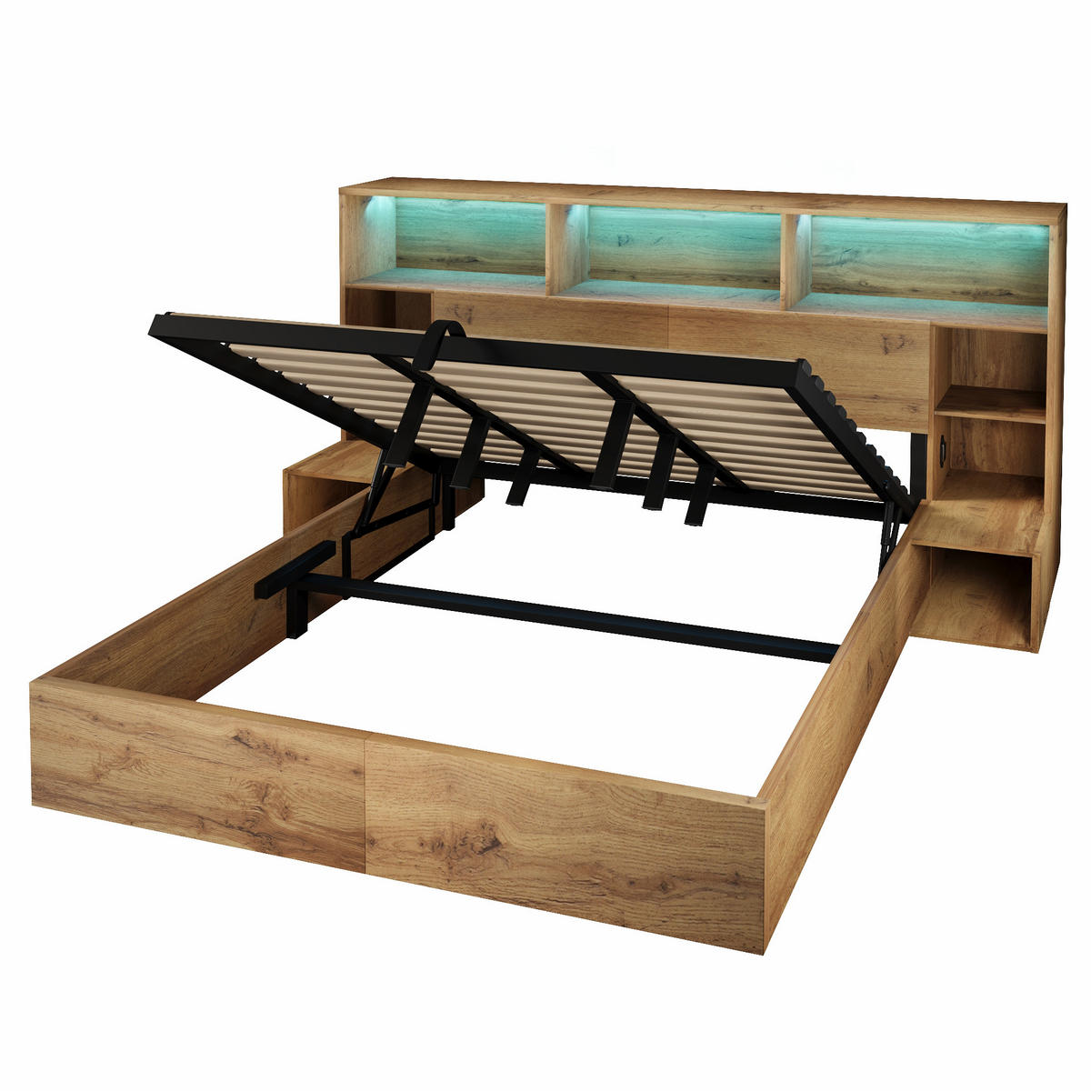 STAURAUMBETT 180/200 cm DE-00801, in Eiche, Hydraulik und Nachttischen - Eichefarben, Holz (180/200cm) - ComfortXL