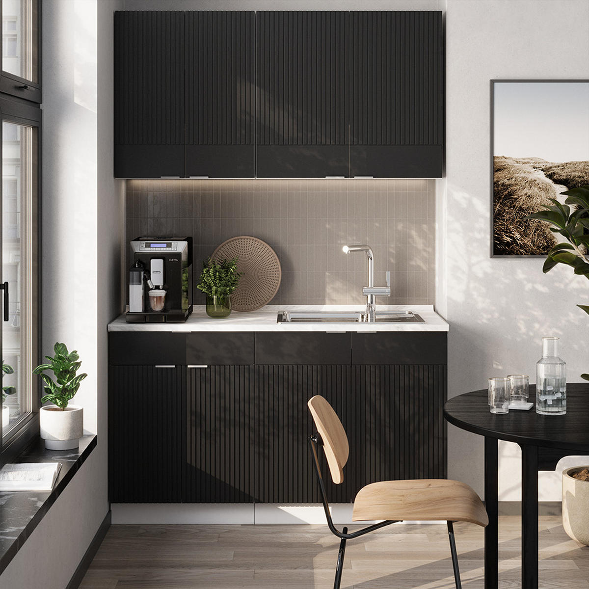 SINGLEKÜCHE Fame-Line, Schwarz gestreift/Weiß, 140 cm ohne Arbeitsplatte - Schwarz/Weiß, Holzwerkstoff (140/81.6/46cm) - Vicco