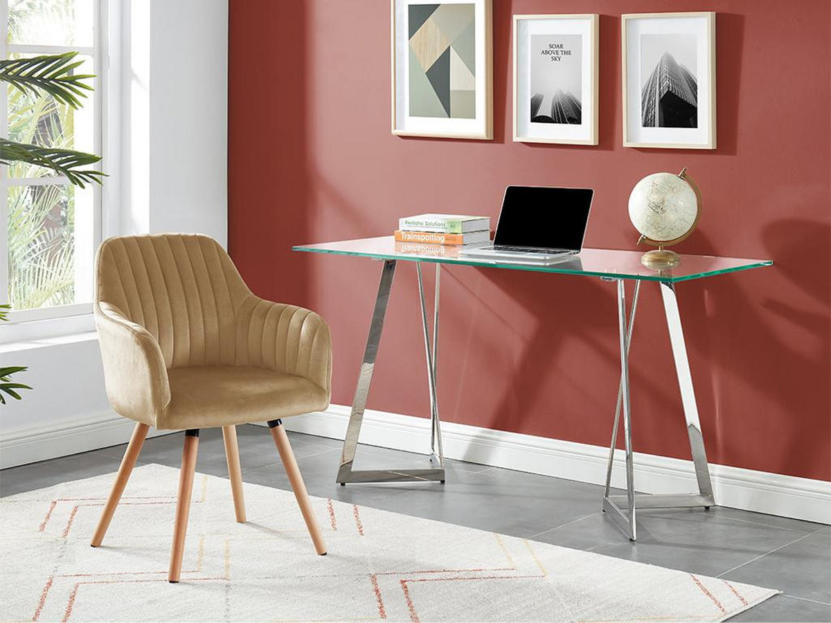STUHL mit Armlehnen - Samt & Metall in Holzoptik - Beige - ELEANA - Beige, Textil (58/85/56cm) - Vente-Unique