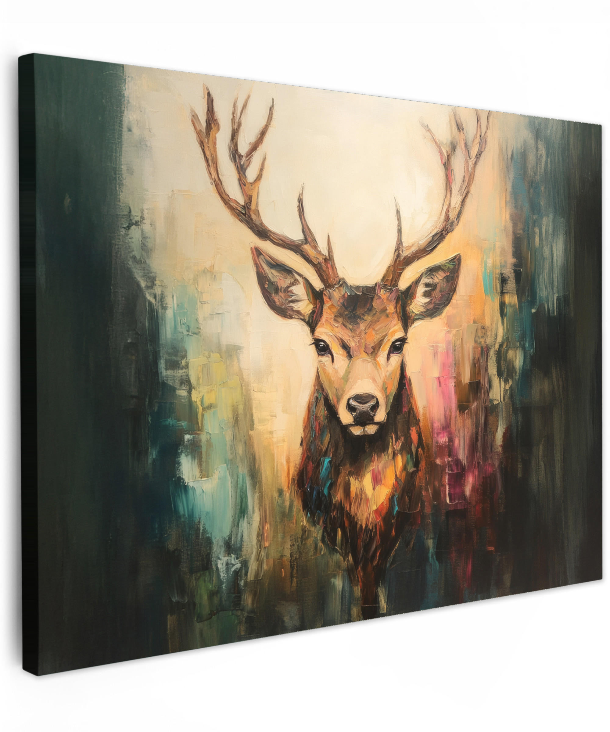 MuchoWow OBRAZ NA PLÁTNĚ Jelen - malovaný - paroží - hnědé 80x60 cm