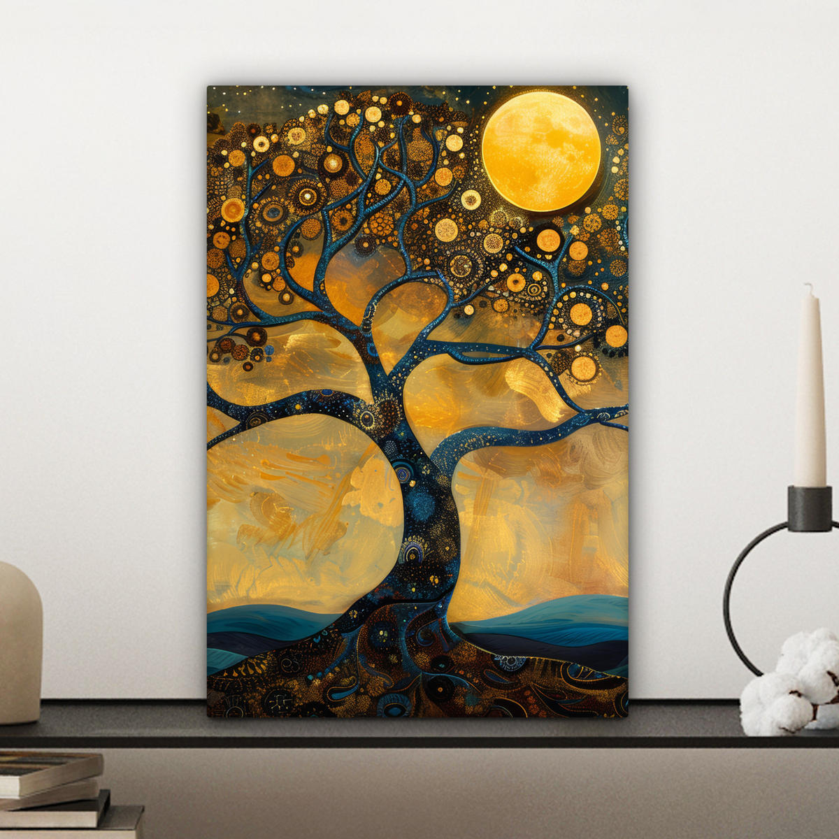 LEINWANDBILD Baum - Mond - Blumen - Gold - Kunst Deko Wohnzimmer 20x30 cm - Orange, Textil (20/30cm) - MuchoWow