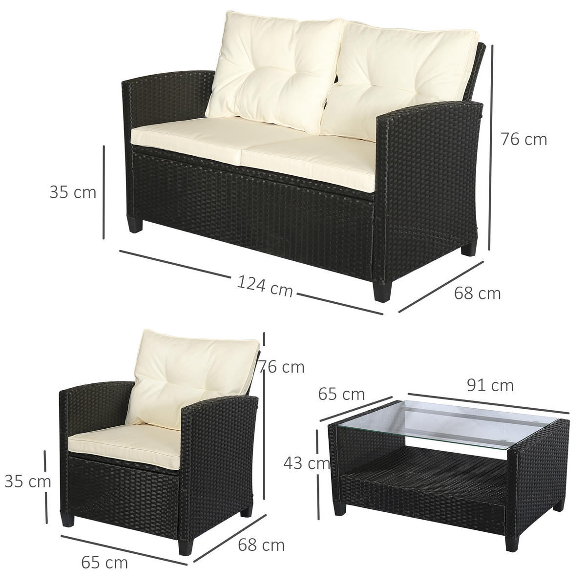 POLYRATTAN Sitzgarnitur 4 tlg. Sitzgruppe Metall Luxus Schwarz - Schwarz, Kunststoff - Outsunny