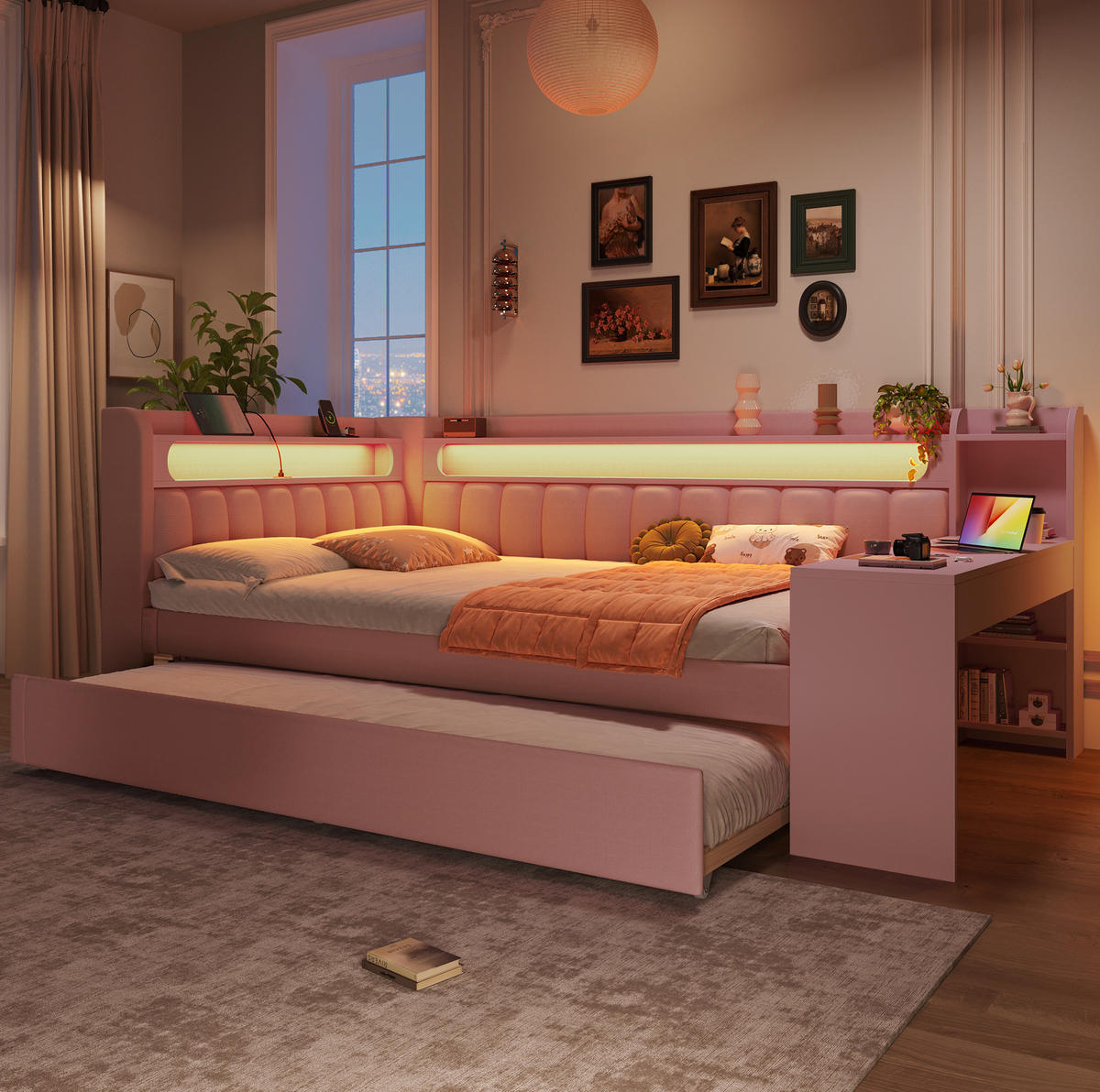 ČALÚNENÁ posteľ z MDF a preglejky 140x200 cm ružová s LED osvetlením, USB portom, výsuvným lôžkom a písacím stolom - ružová, kompozitné drevo (140/200cm) - Modfu