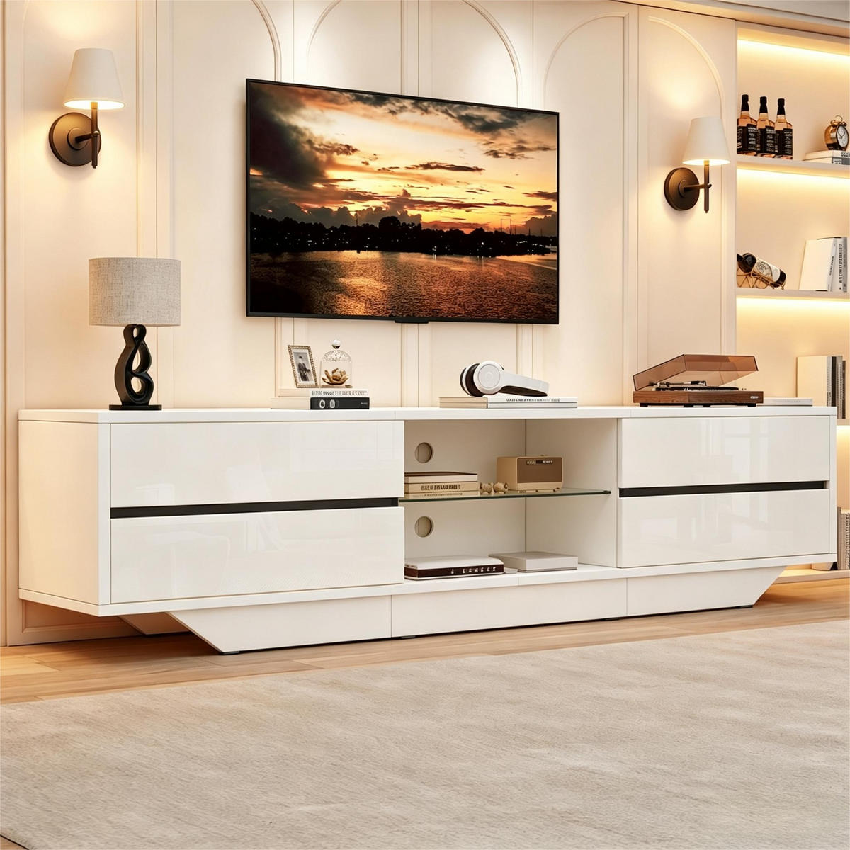TV-ELEMENT160X35X44,5CM TV-Board Weiß Hochglanz mit RGB-LED-Beleuchtung für 65-Zoll - Weiß, Holz (45.01/27/92.99cm) - Raelunyi