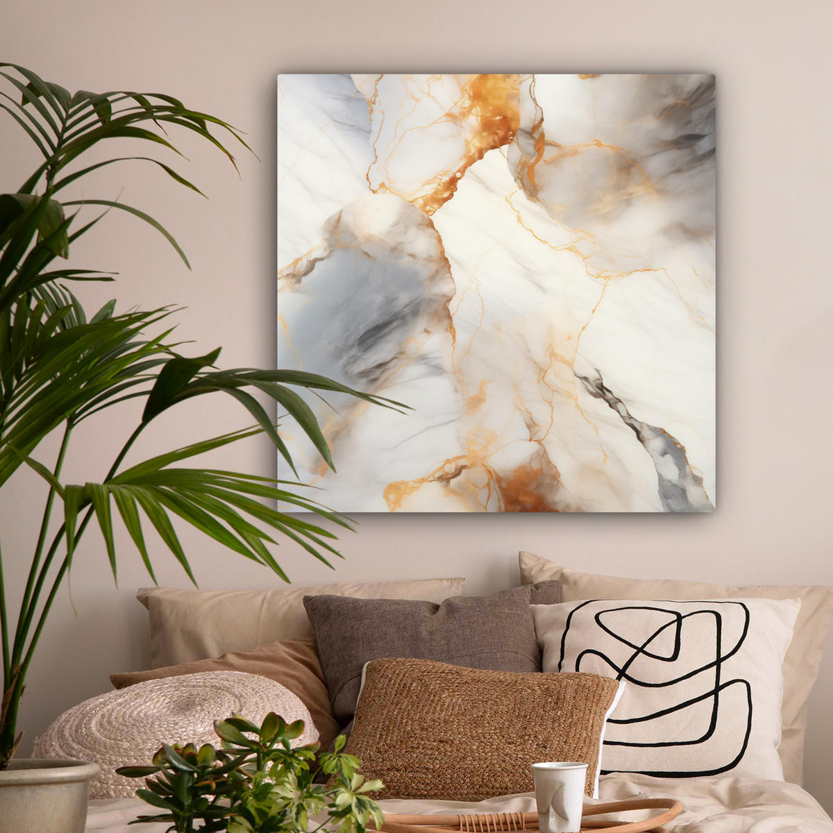 LEINWANDBILD Marmor - Grau - Gold 90x90 cm - Weiß, Textil (90/90cm) - MuchoWow